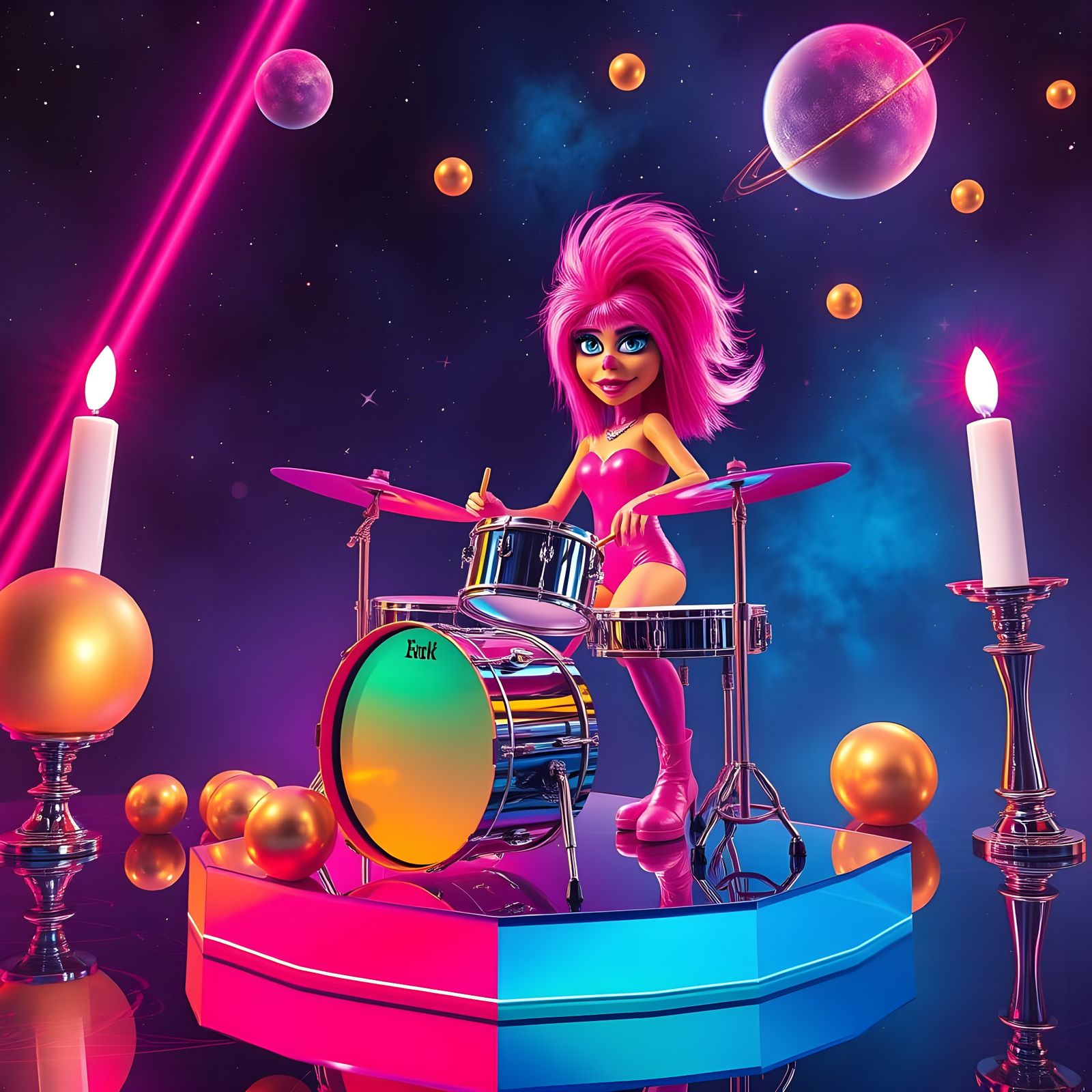 Muppet Queen Plays Drums in Space, Futuristic Style