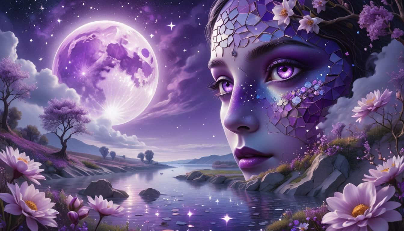 Surreal Dreamscape with Purple Moon in Klimt Style