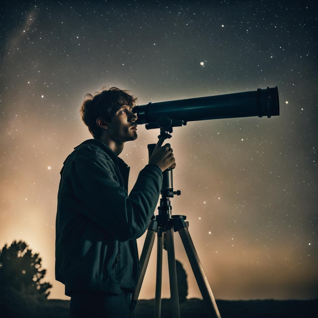 Young Man Gazing at Stars Through Telescope