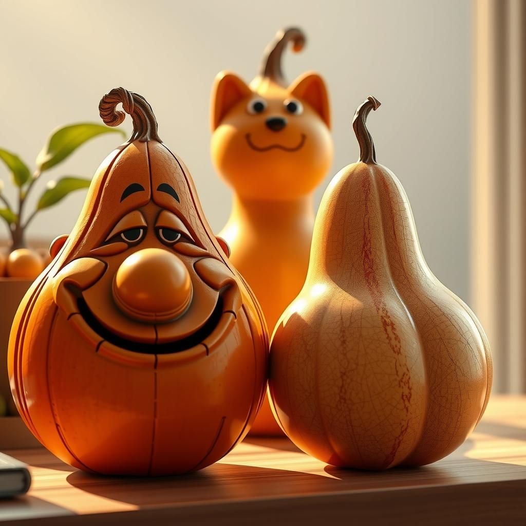 Intricately Crafted Gourds in CGI and Naive Art Styles