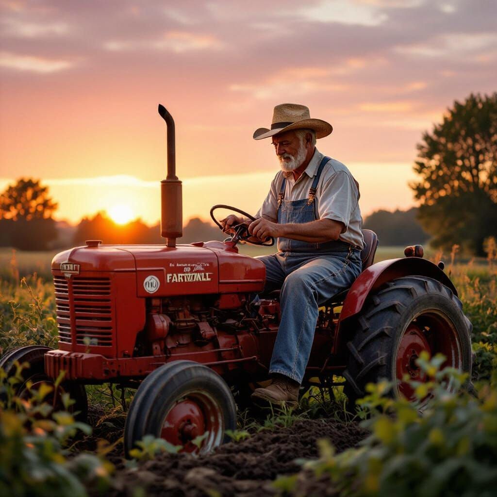 Elderly Farmer Tilling Garden at Sunrise