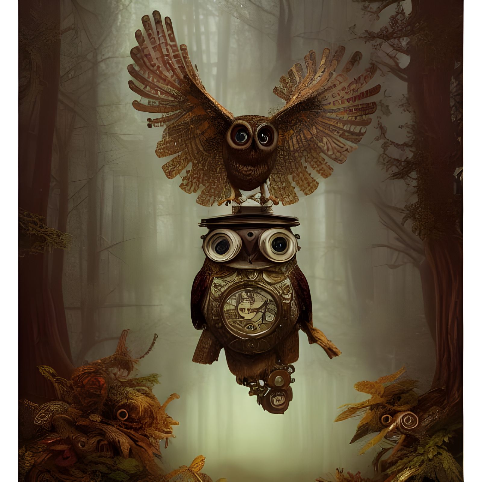 Steampunk Owl Shrine in Forest, Digital Art