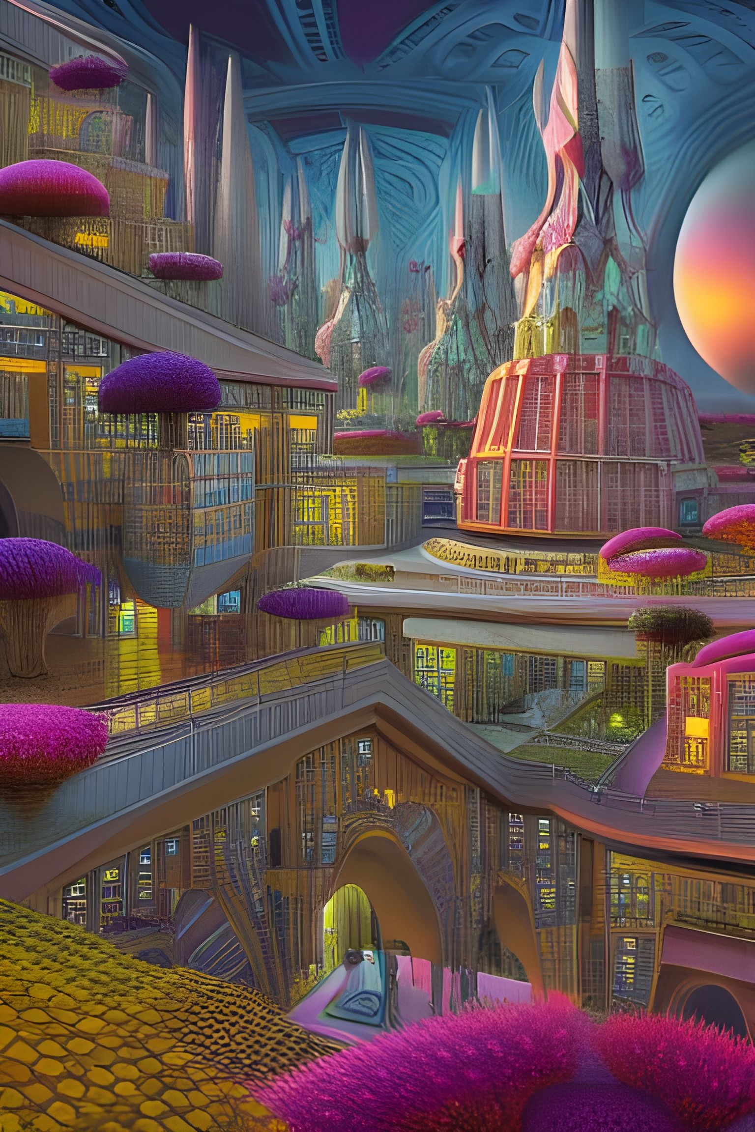 Surreal Futuristic Town with Flower Architecture