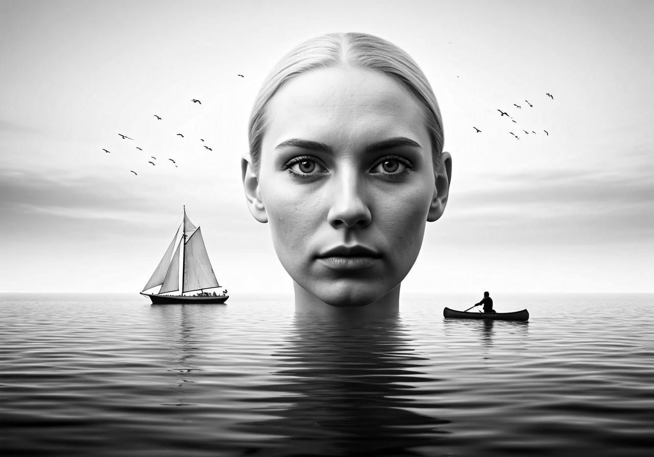 Surreal Black and White Portrait of a Human Face Blending in...