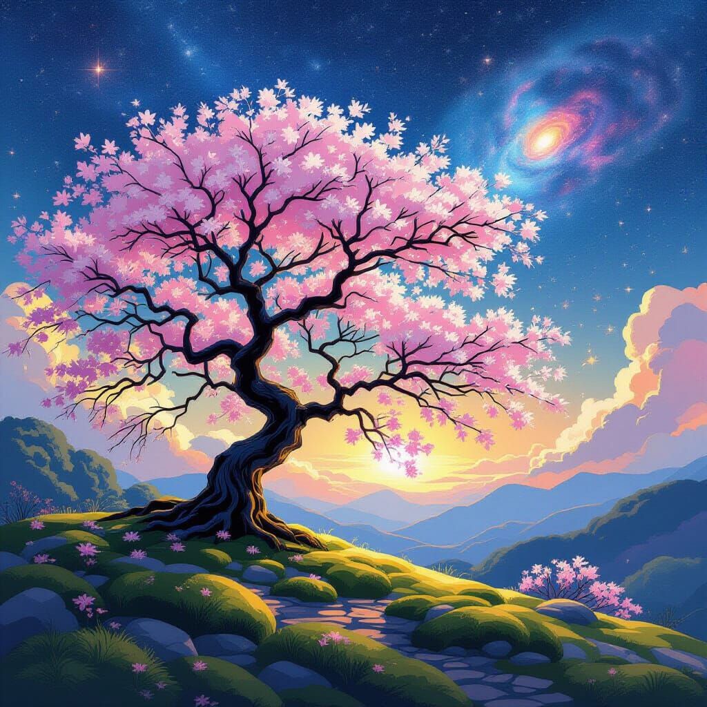 Sakura Tree Under Nebula Sky, Art Nouveau Style