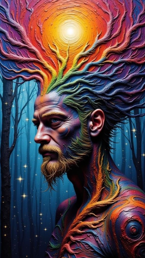 Fractal Faced Man with Rainbow Moss in Dark Fantasy Style