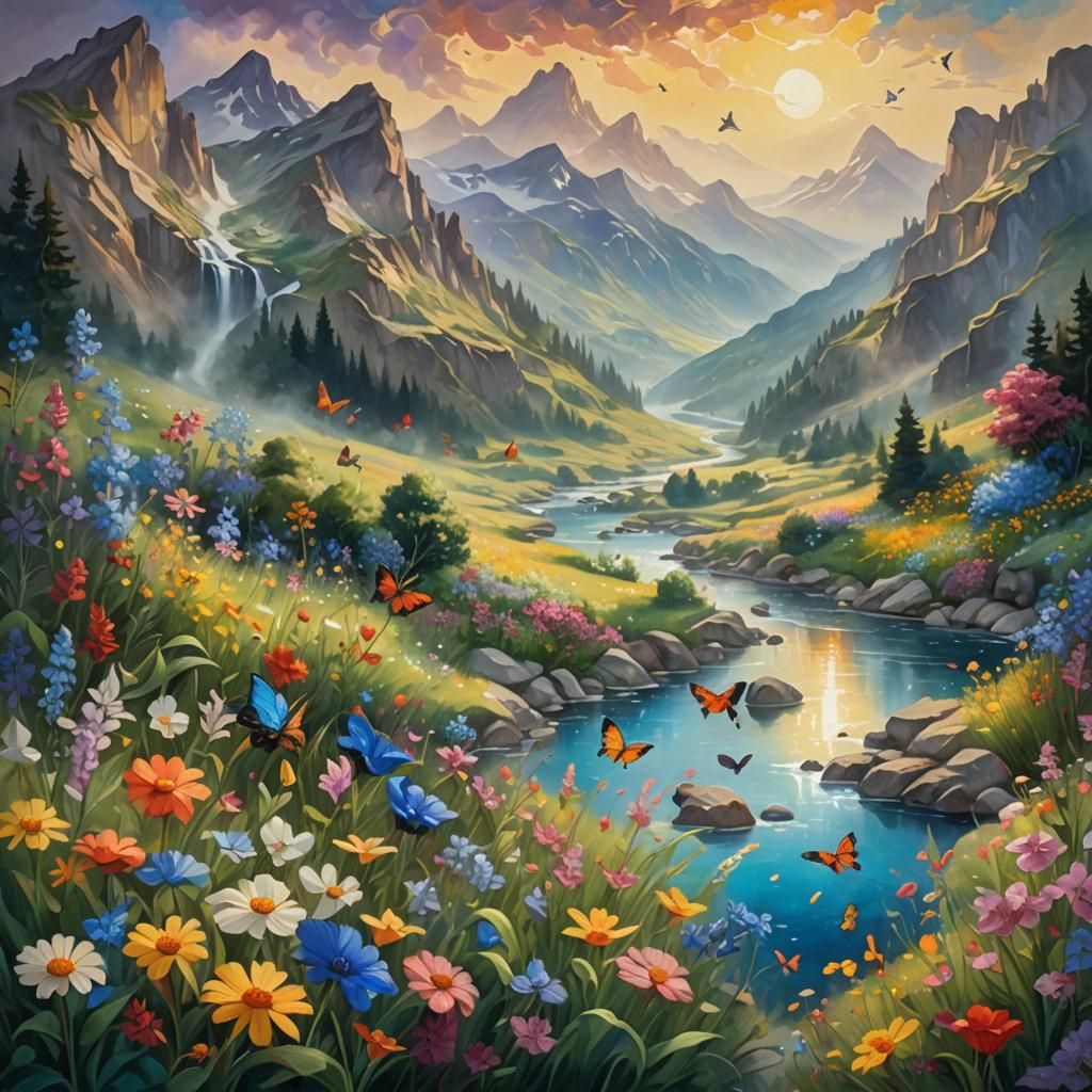 Dreamlike Landscape Painting with Birds and Butterflies