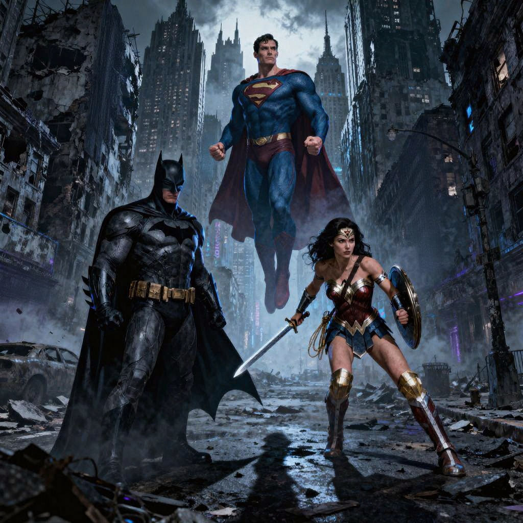DC Trinity in Ruined Gotham, Ready to Fight