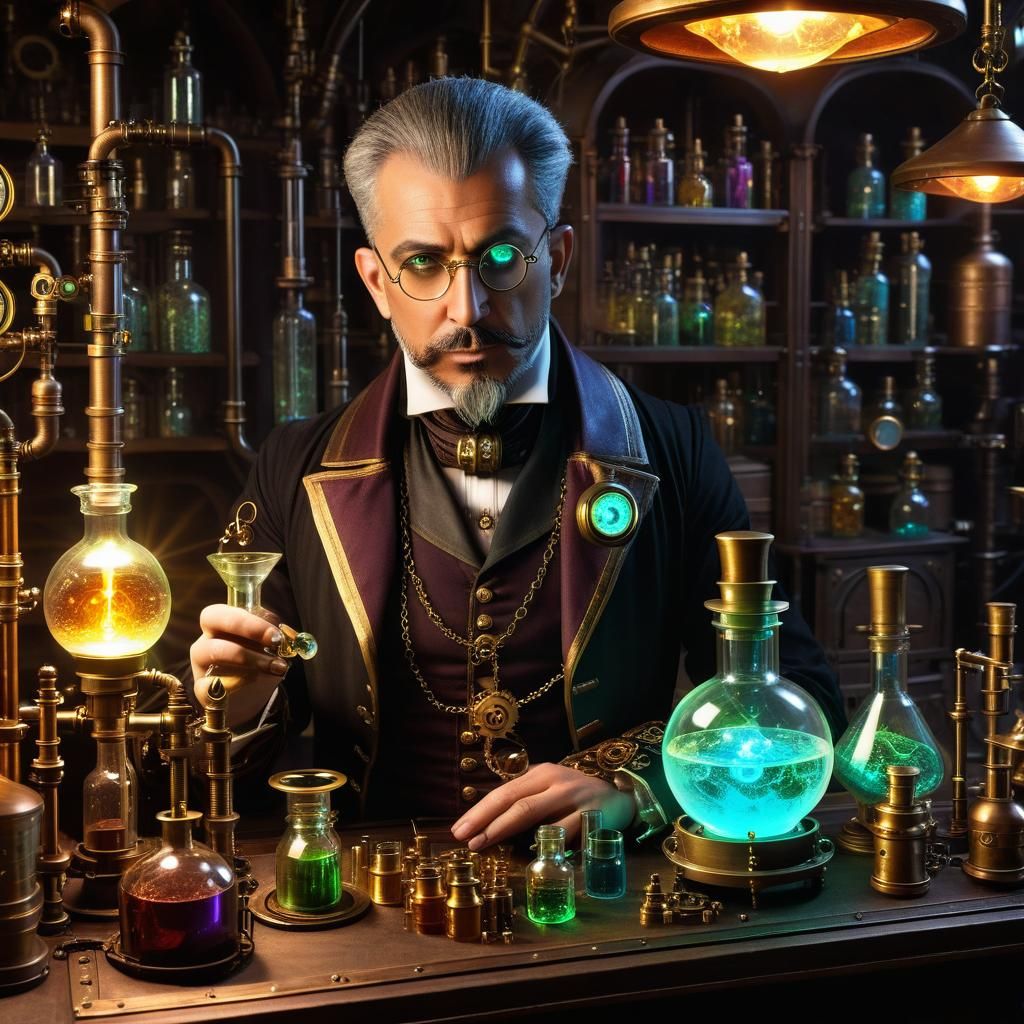 Steampunk Alchemist Mixing Elixirs in Laboratory