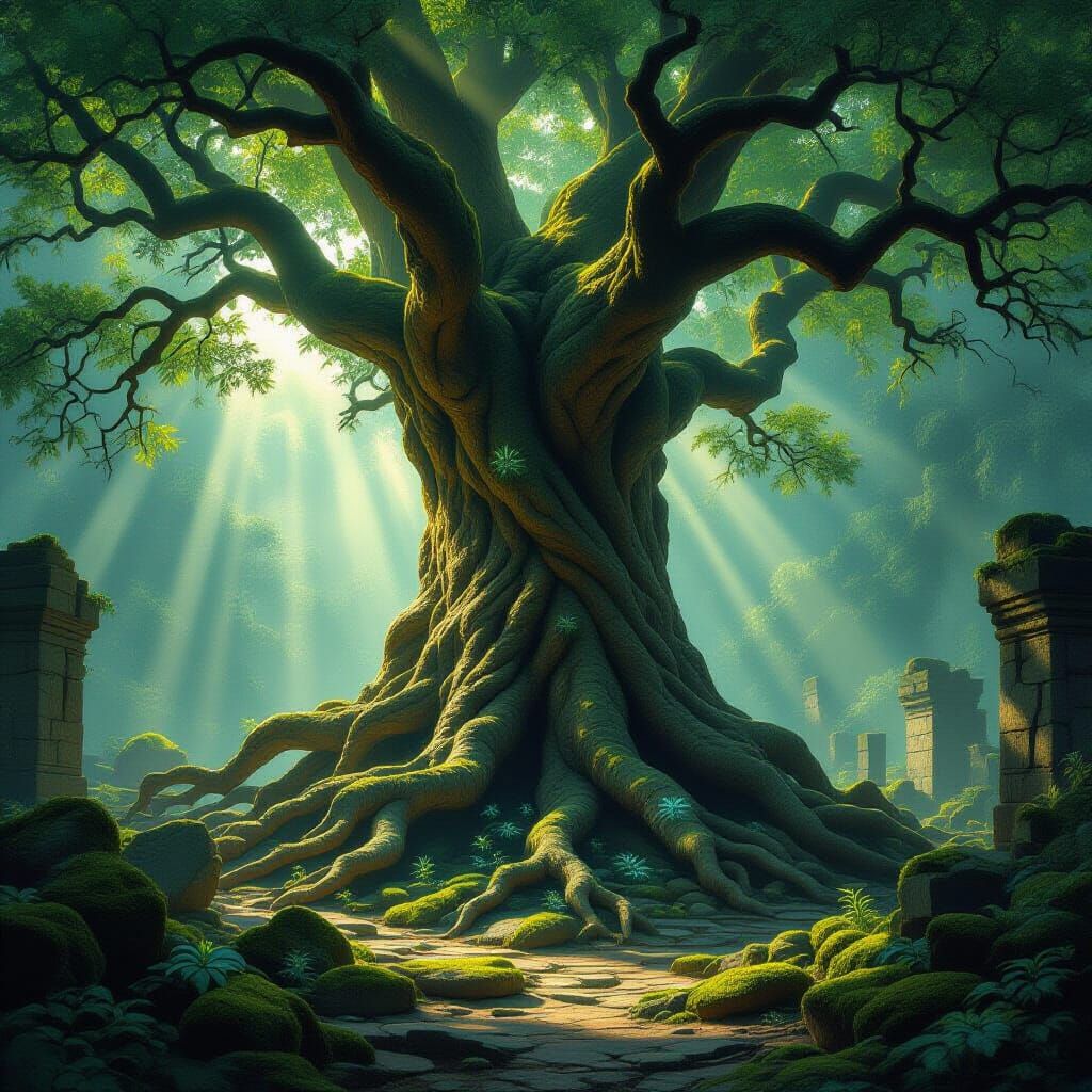 Ancient Tree & Ruins in Mystical Forest Clearing Concept Art