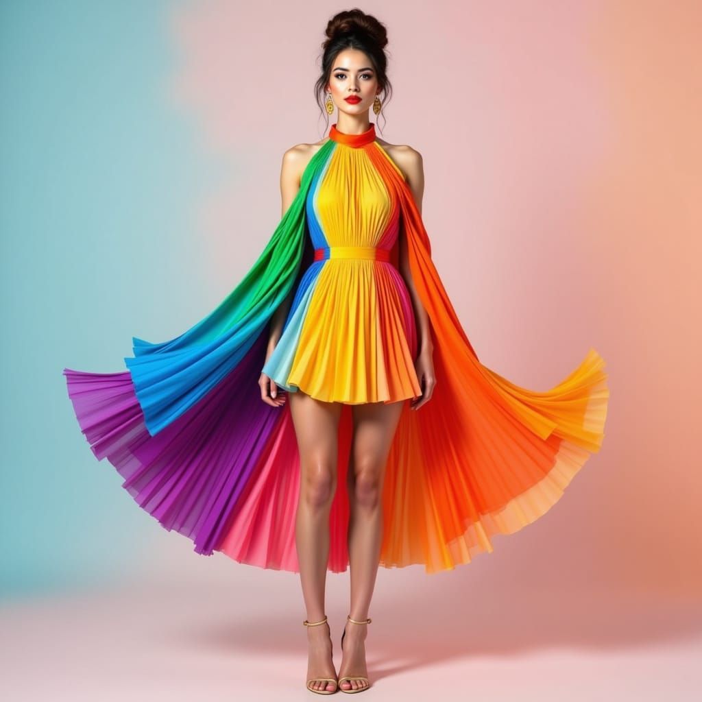 Rainbow Dress Fashion Editorial in Magical Realism Style