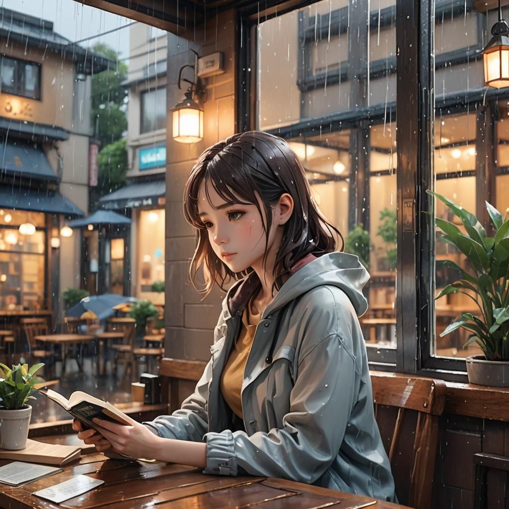 Melancholic Anime Girl Reading in Rainy Cafe