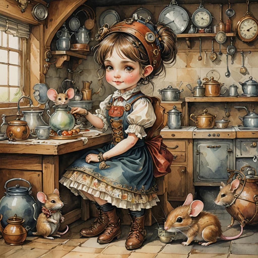 Steampunk Pixie and Mouse: Antique Watercolor