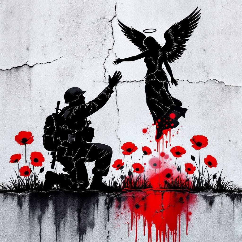 Fallen Soldier Reaching for Angel of Death Stencil Art