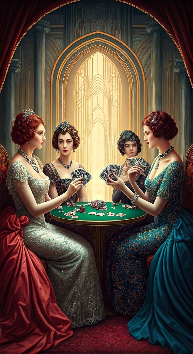 Art Deco Aristocrats Play Poker in Cyberpunk City