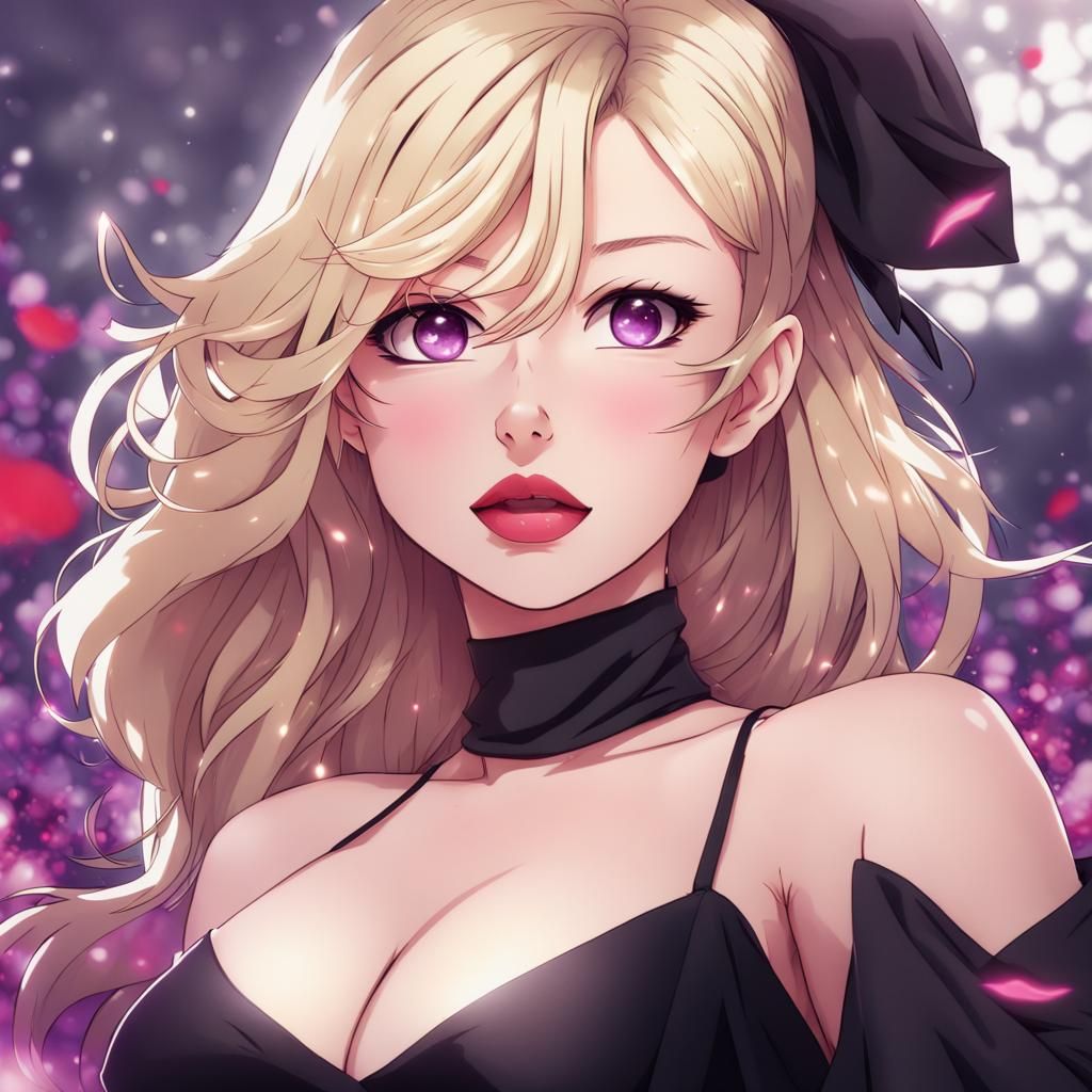 Anime Style Portrait: Blonde Woman with Purple Eyes