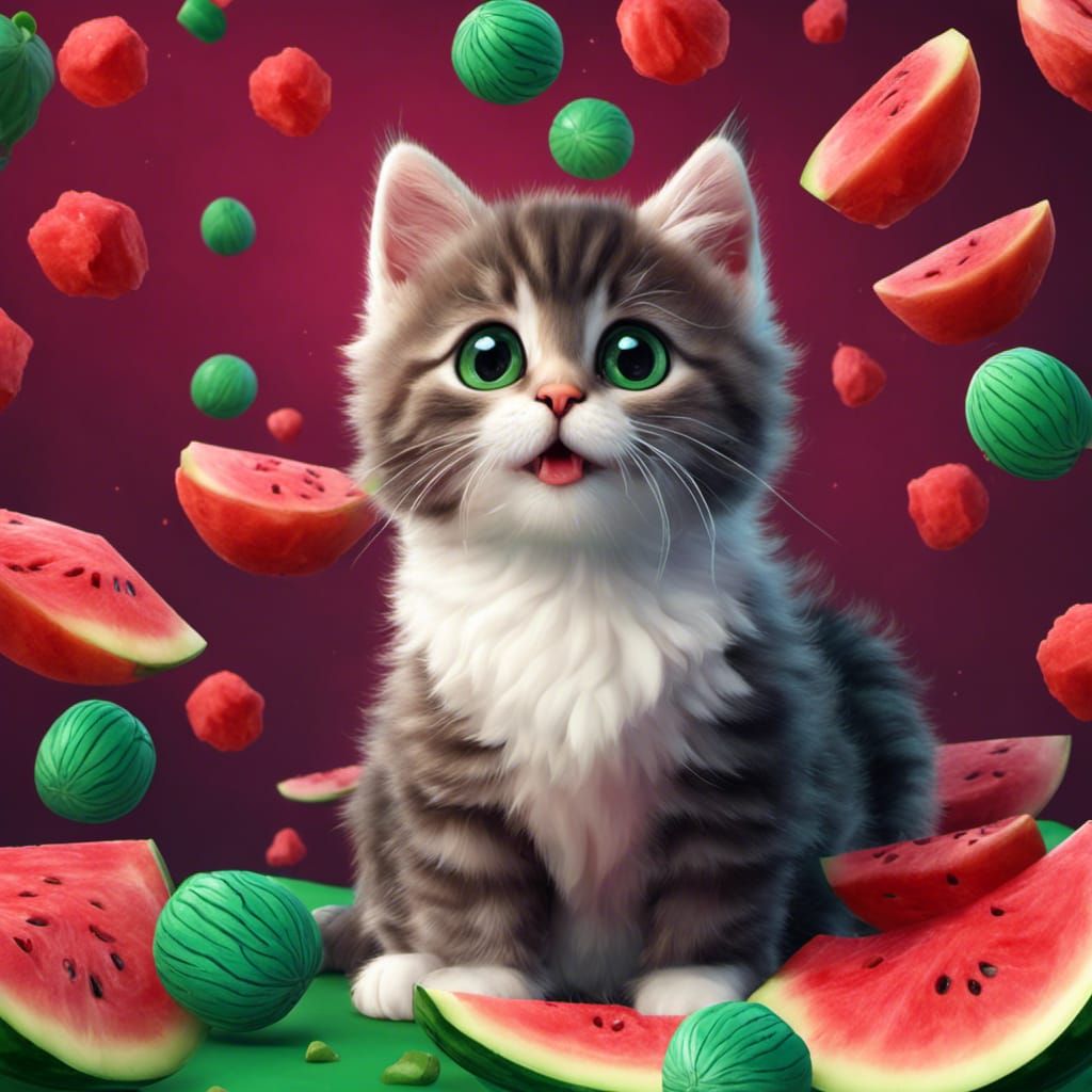 Kitten Eating Watermelon in Candyland Art Style