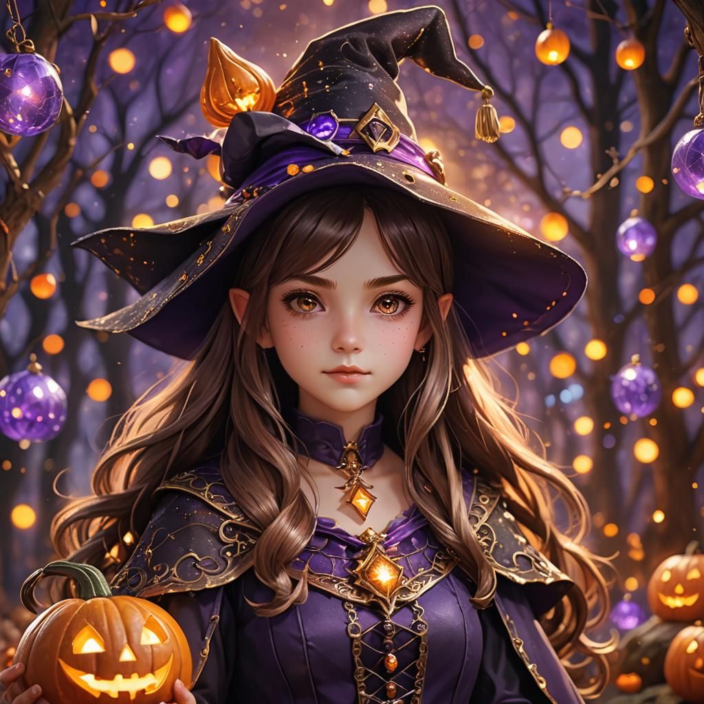 Anime Witch Portrait with Jack-o'-Lanterns