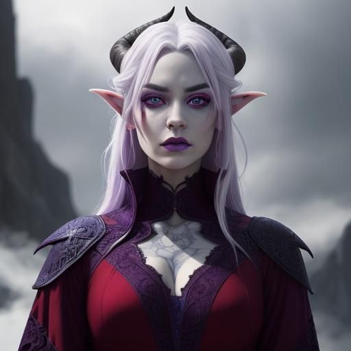 Beautiful Tiefling Girl with Violet Skin and Horns