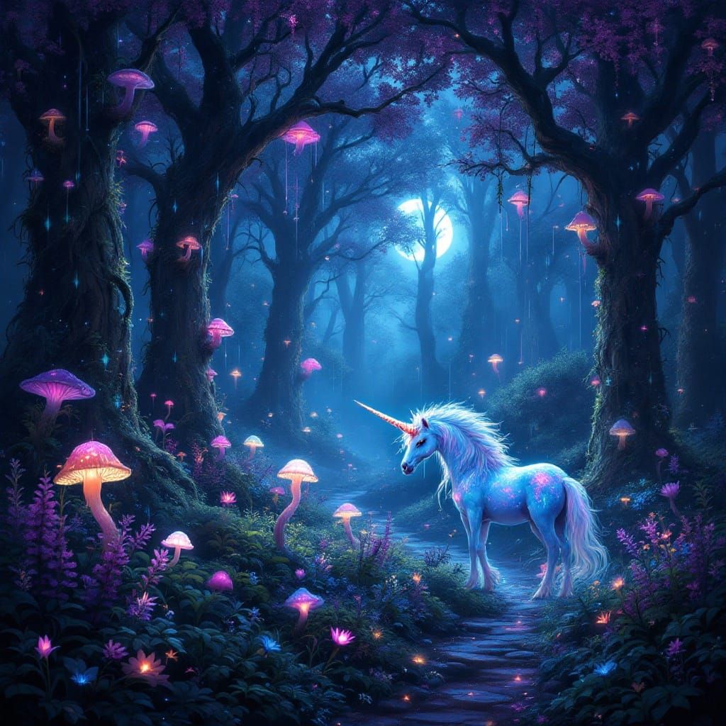Dreamy Moonlit Forest with Glowing Mushrooms and Majestic Un...
