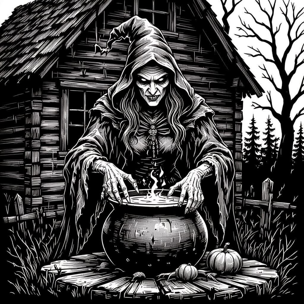 Creepy Witch Over Cauldron Line Art for Pyrography