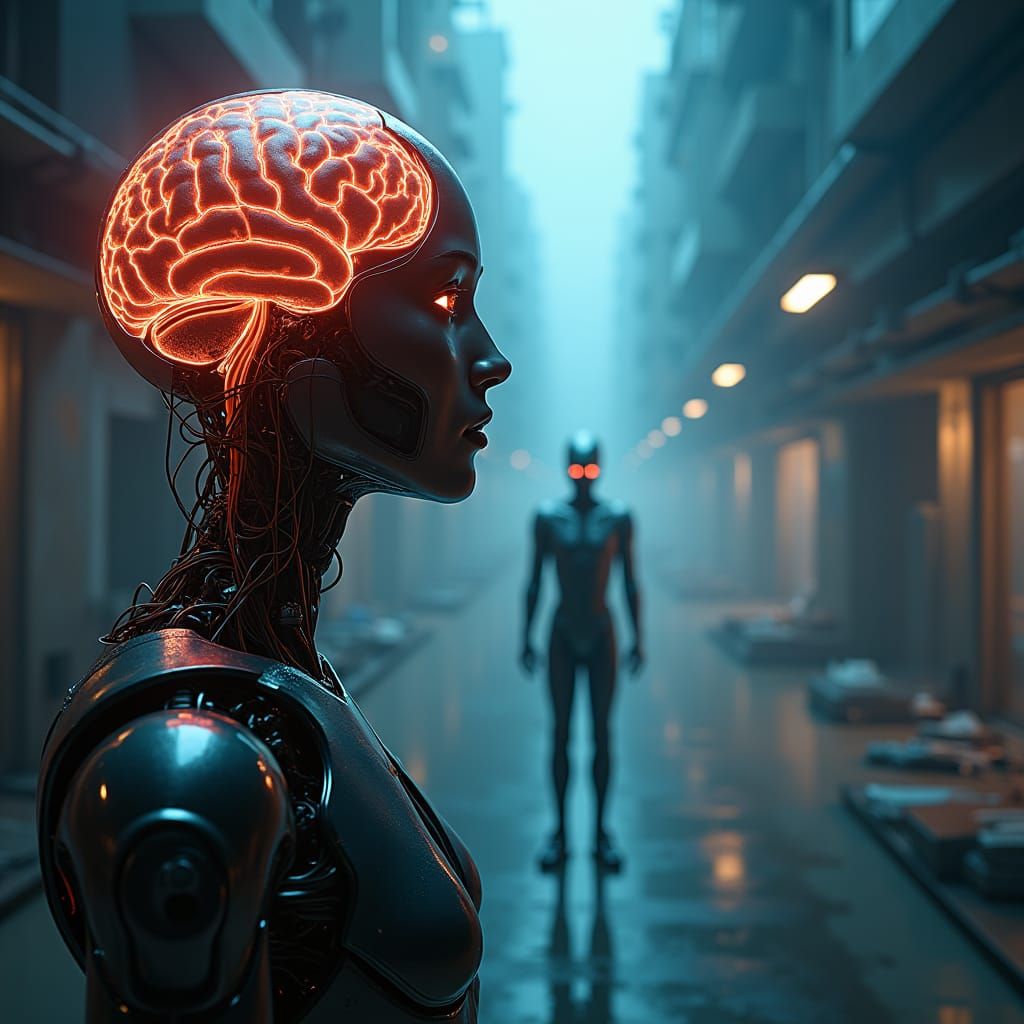 Human Brain Interface in Neon Cyberpunk Cityscape