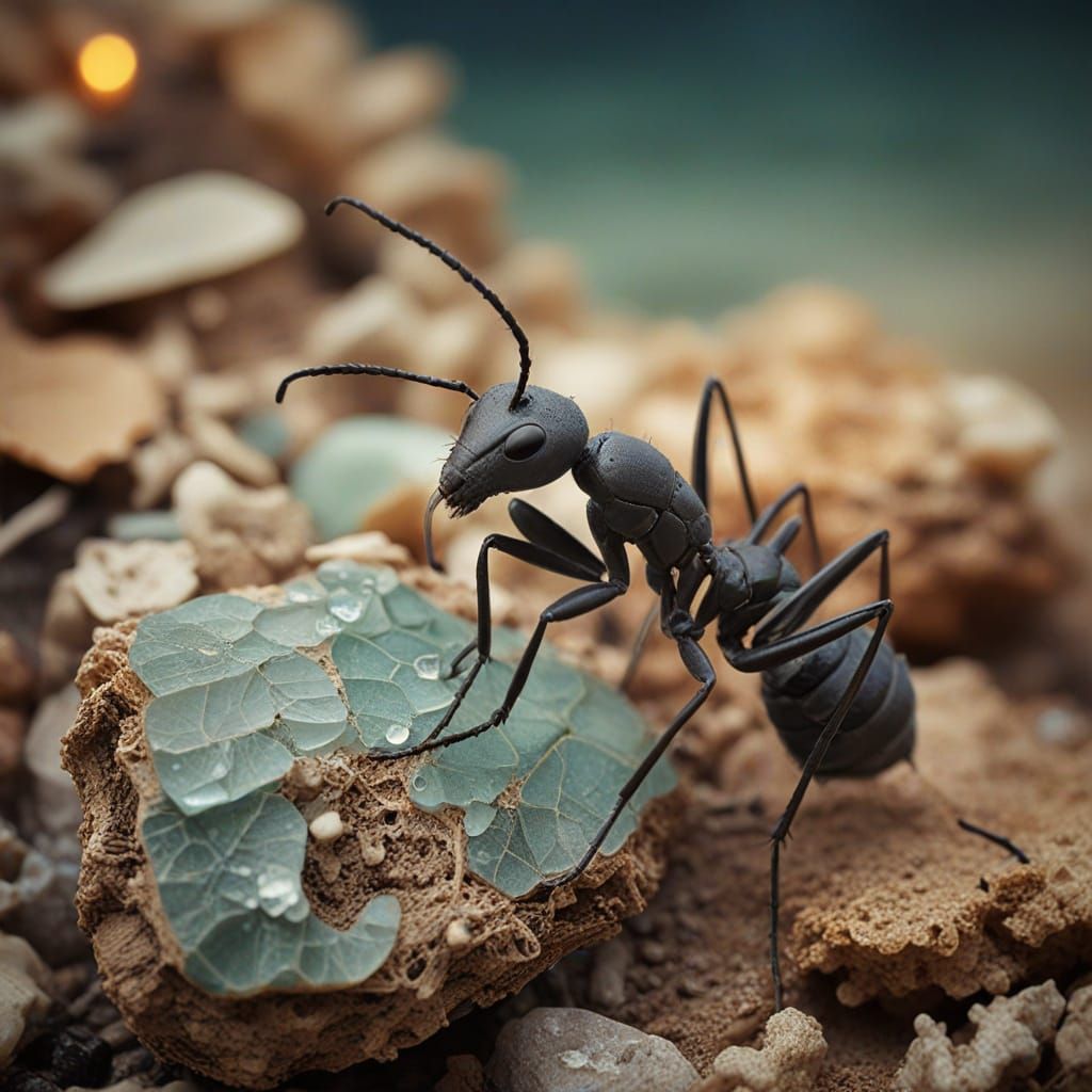 Macro Ant in Low-Poly, Mixed Media Style