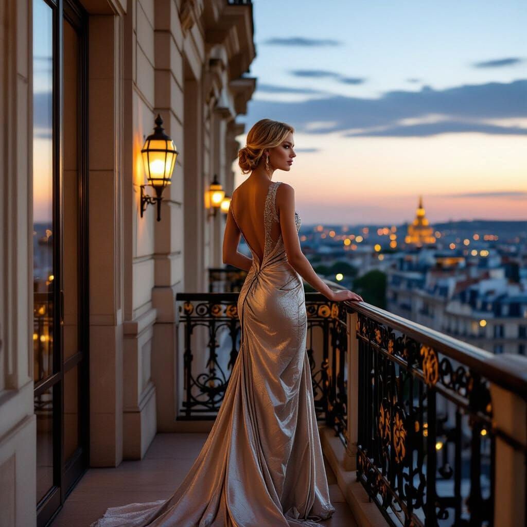 Parisian Balcony Dusk Scene: Woman in Elegant Gown