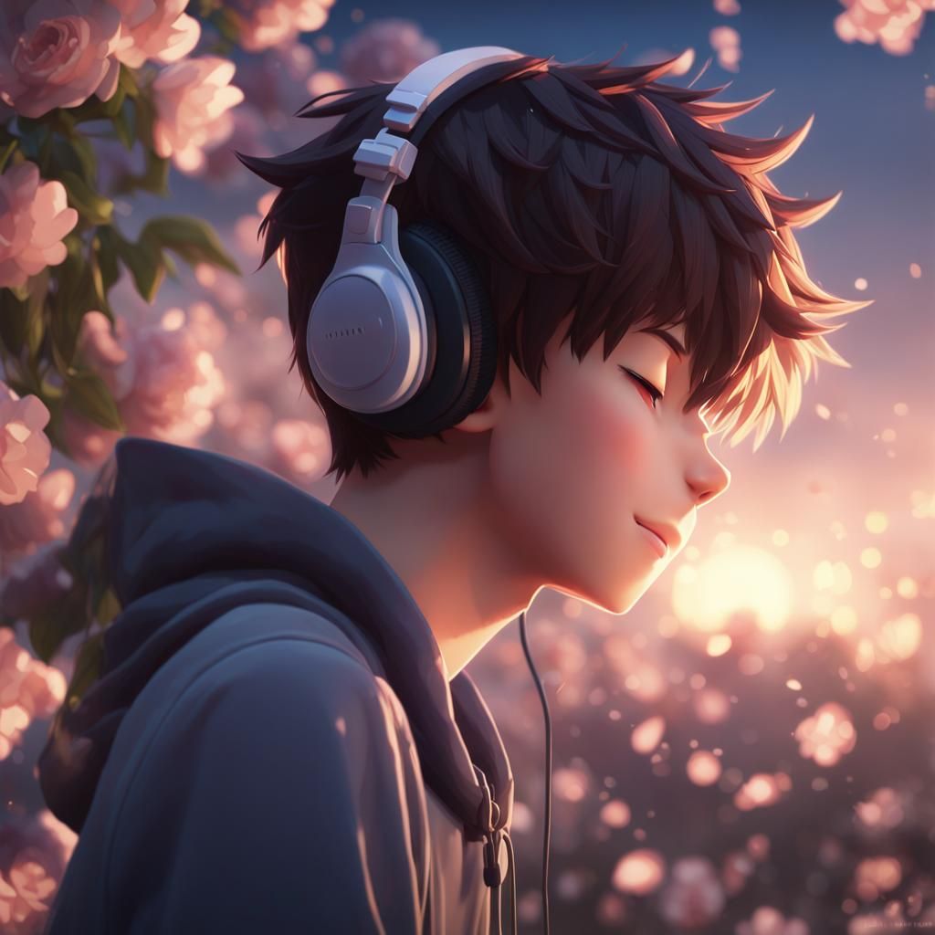 Anime Style Boy Listening to Music in 3D