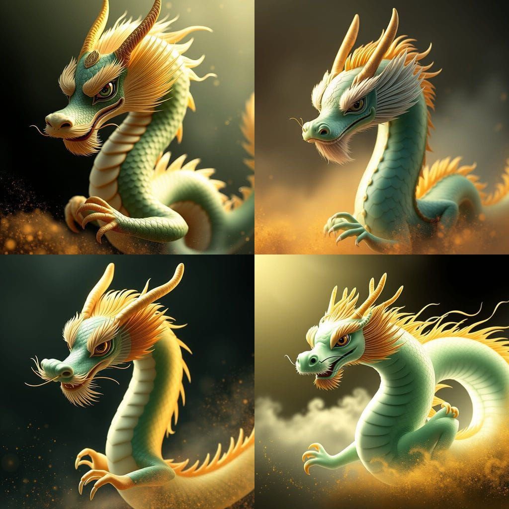 a jade and gold Chinese dragon with elongated elegant propor...