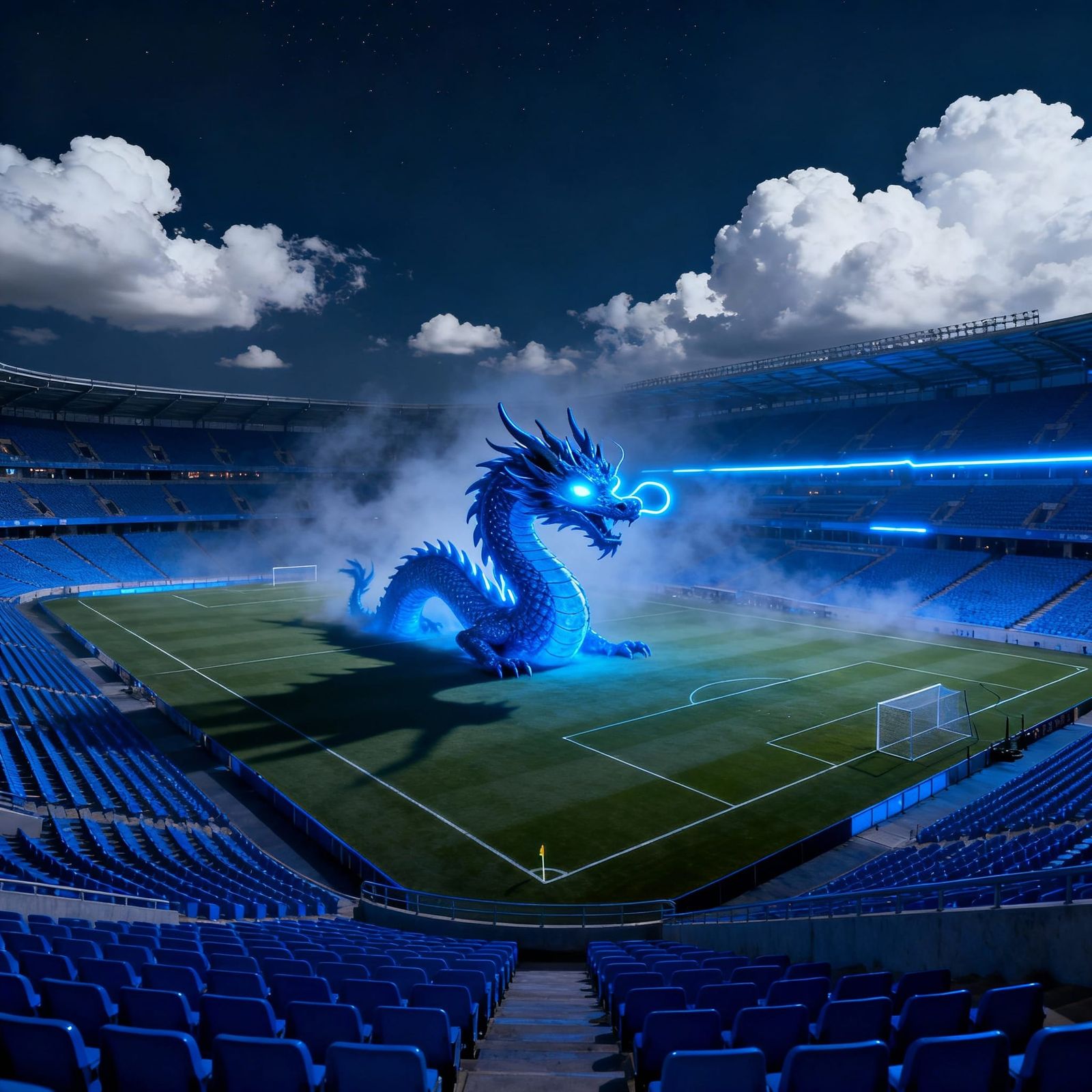 Blue Dragon Emerges in Empty Football Stadium at Night