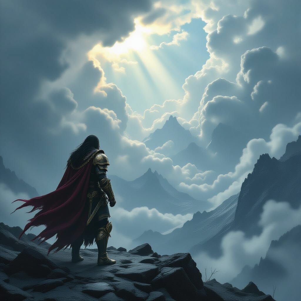 Lone Warrior on Mountain Peak in Dark Fantasy Style