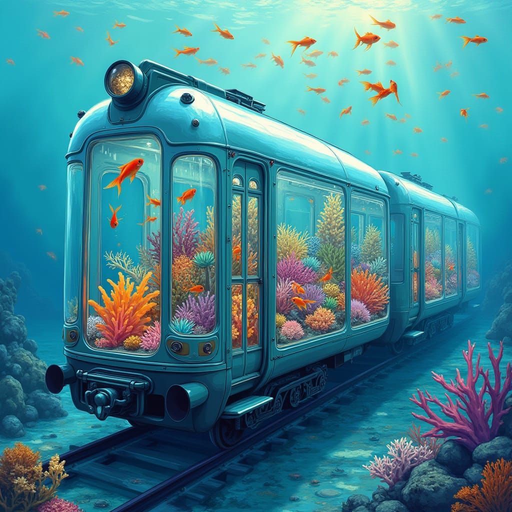 Whimsical Underwater Train Carriage in Vibrant Coral Reefs
