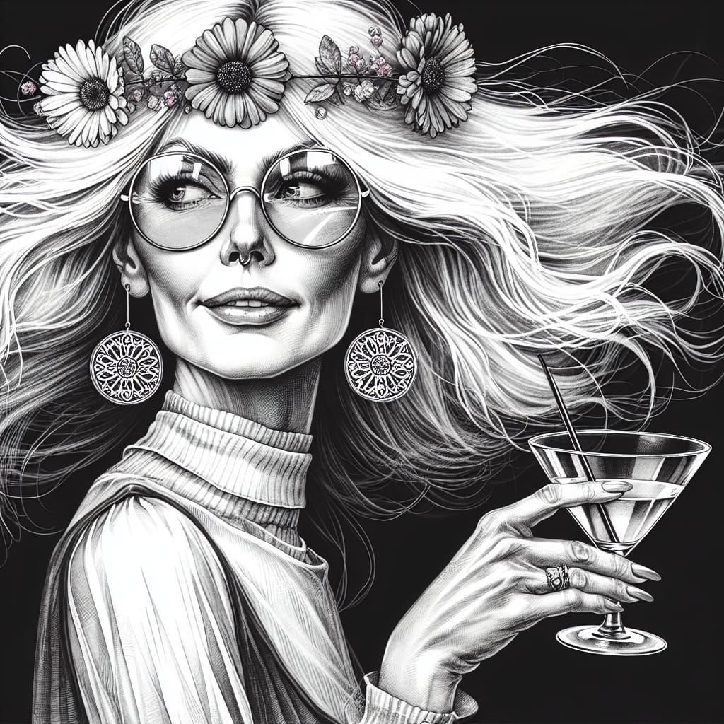 Elegant Platinum Haired Woman in Watercolor Sketch