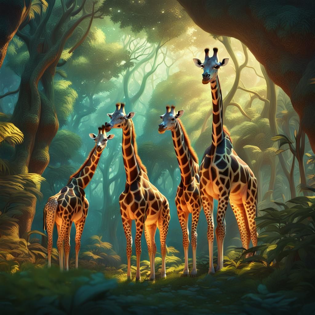 Dreamlike Giraffes in Fantasy Forest, Digital Art