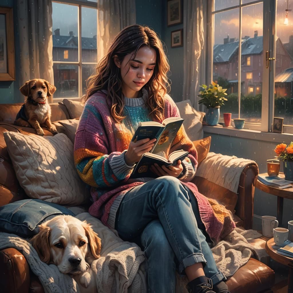 Cozy Rainy Day Reading: Hyperrealistic Concept Art