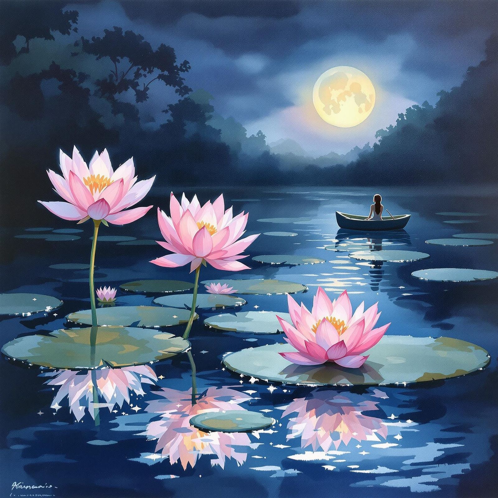 Serene Moonlit Impressionist Landscape with Pink Lotus Flowe...