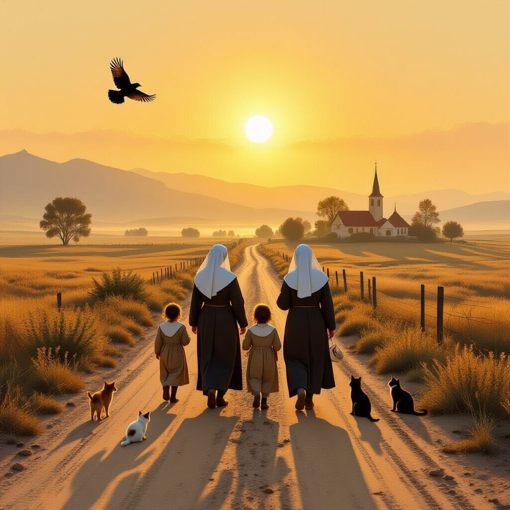 Nuns Walking Desert Road at Sunrise: Romantic Landscape