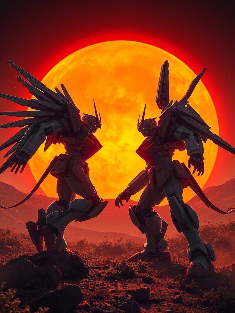 Epic Mecha Battle Before a Fiery Sun