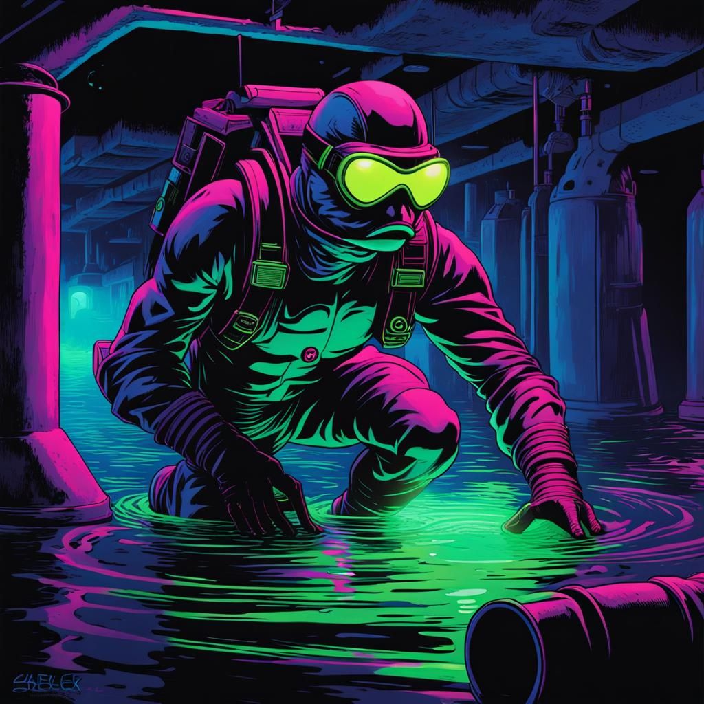 Frogman Emerges from Sewer in Synth-Wave Neon