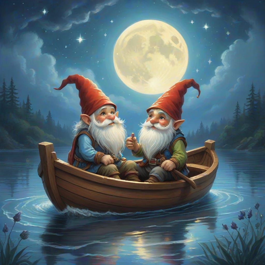 Romantic Gnome Couple on Moonlit Boat Ride in Ethereal Mist