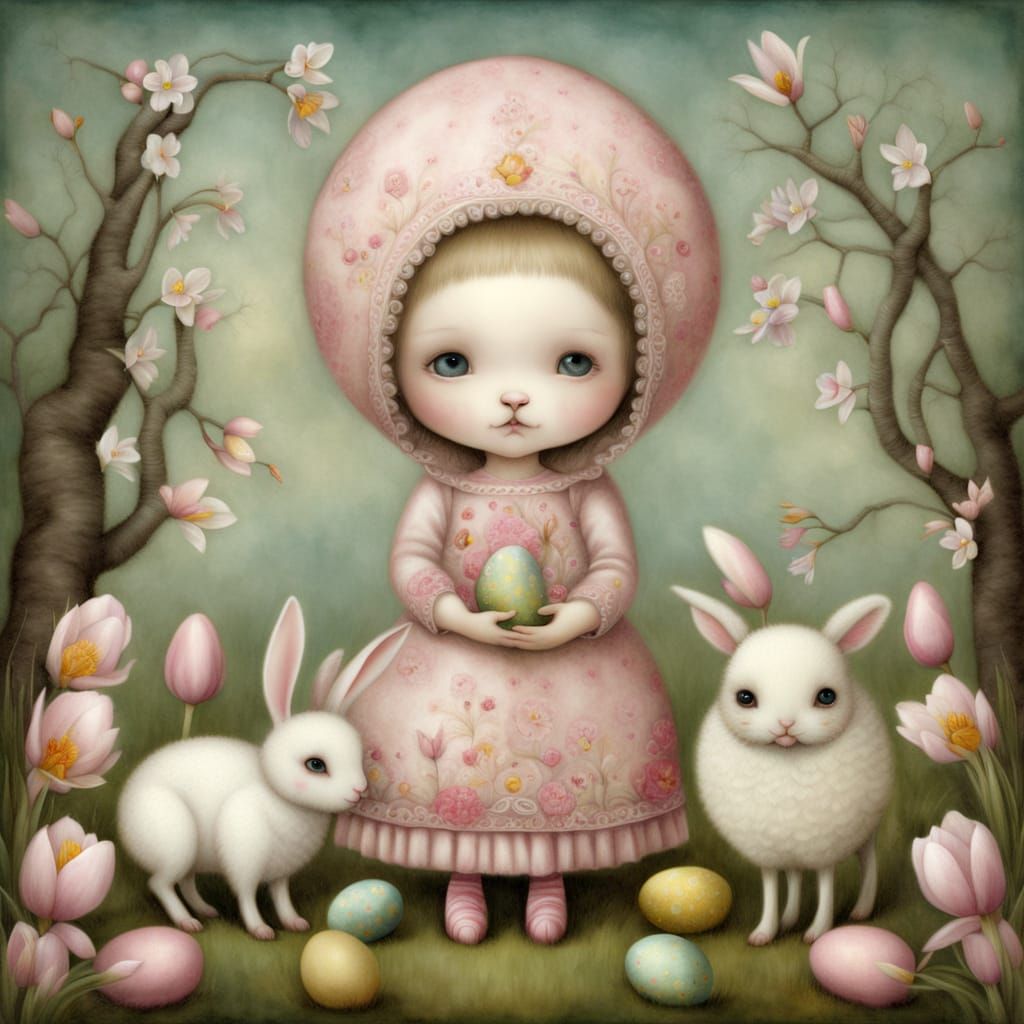Whimsical Easter Wonderland in Lowbrow Art Style