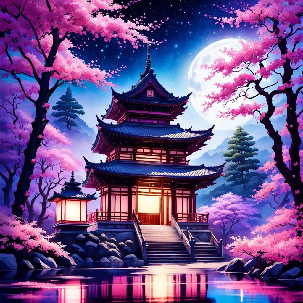 Watercolor Japanese Temple Under Purple Moon