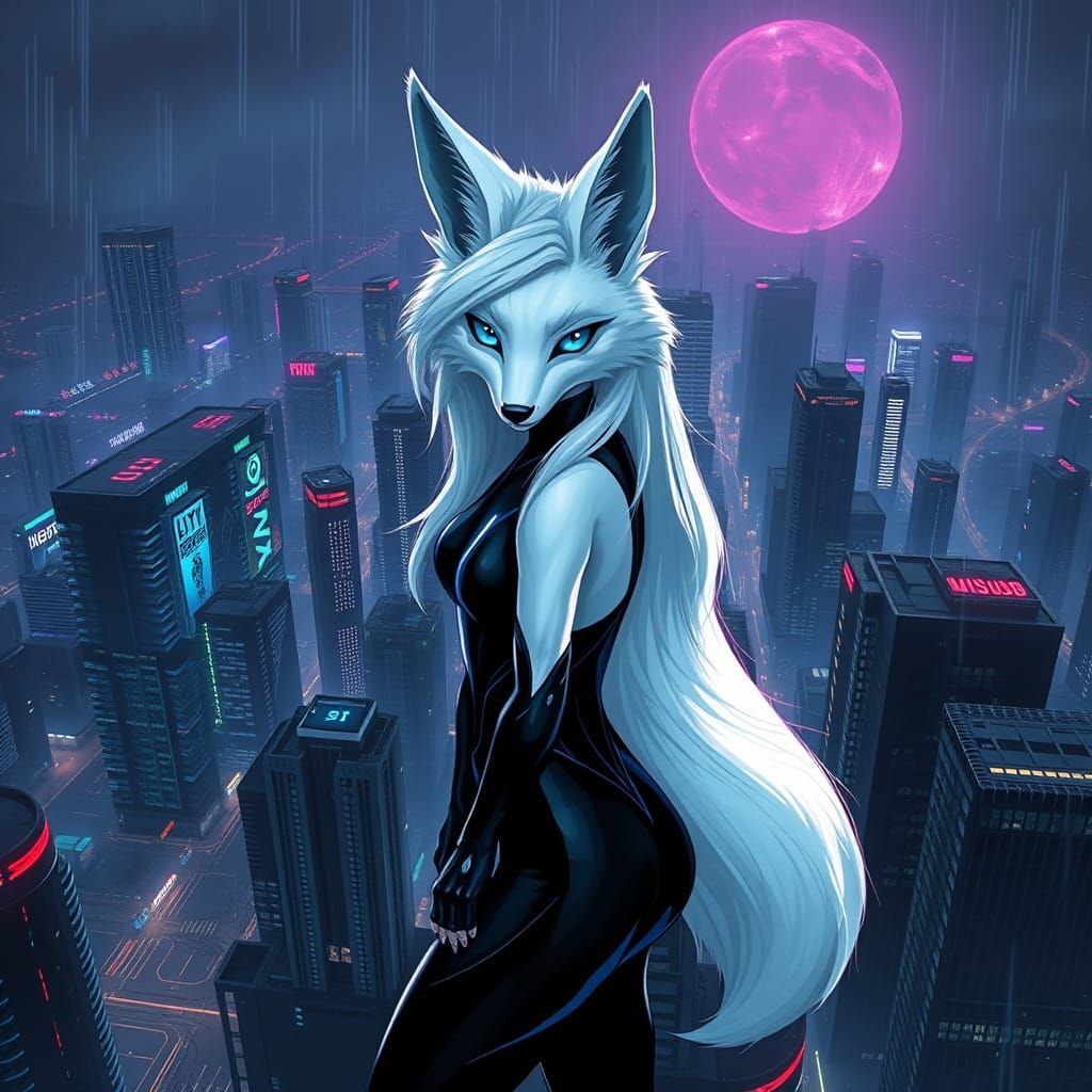 Cyberpunk Fox Overlooking Metropolis