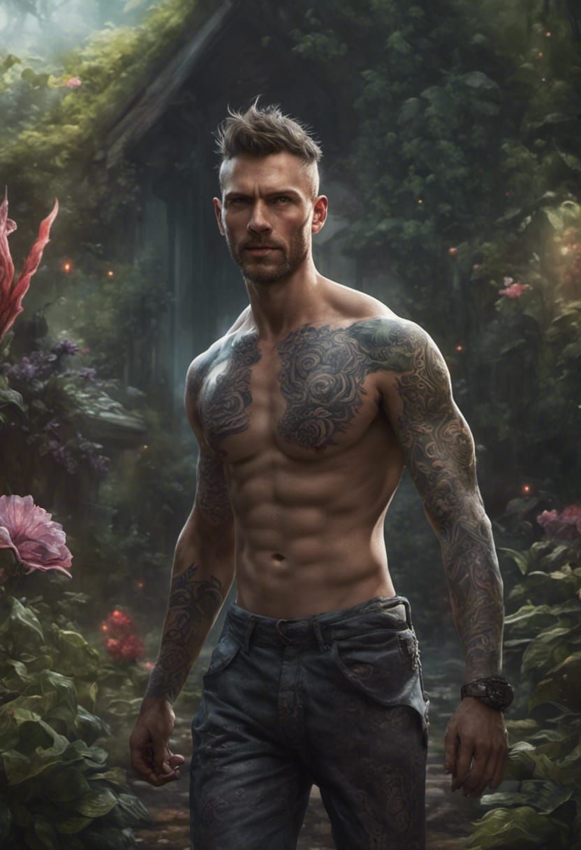Athletic Tattooed Man in Dark Fantasy Garden