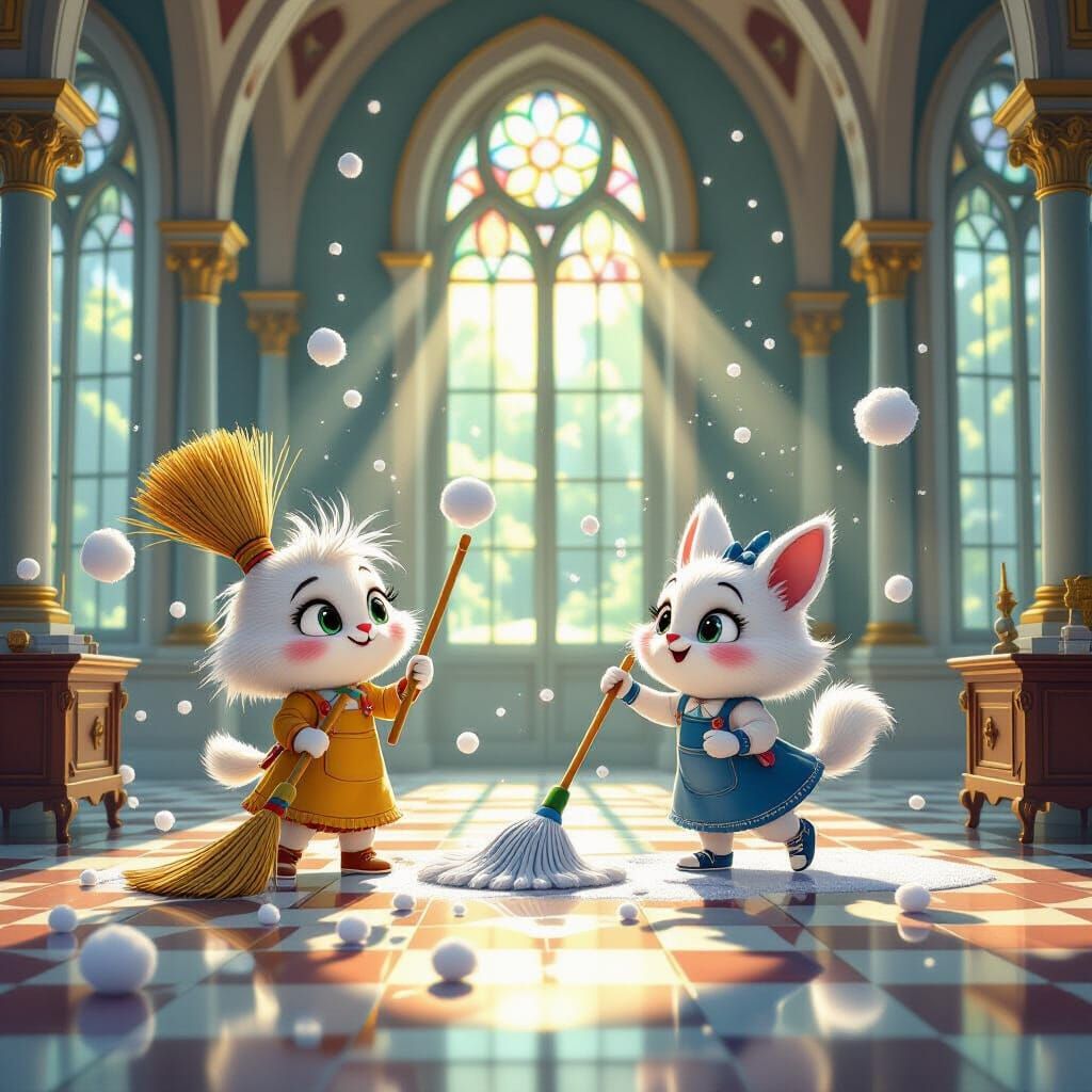 Sentient Cleaning Tools in a Fantastical Great Room