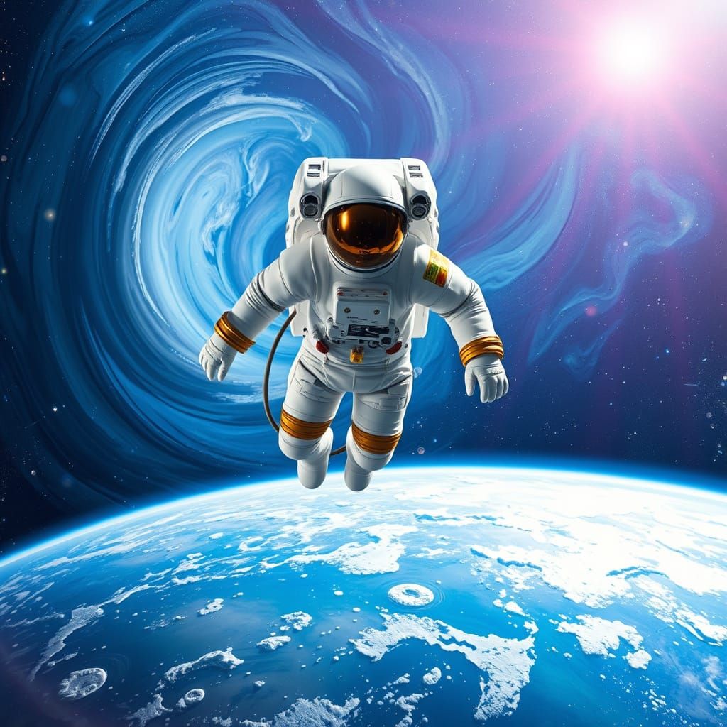 Astronaut Floating Above Earth in Vibrant Holographic Style