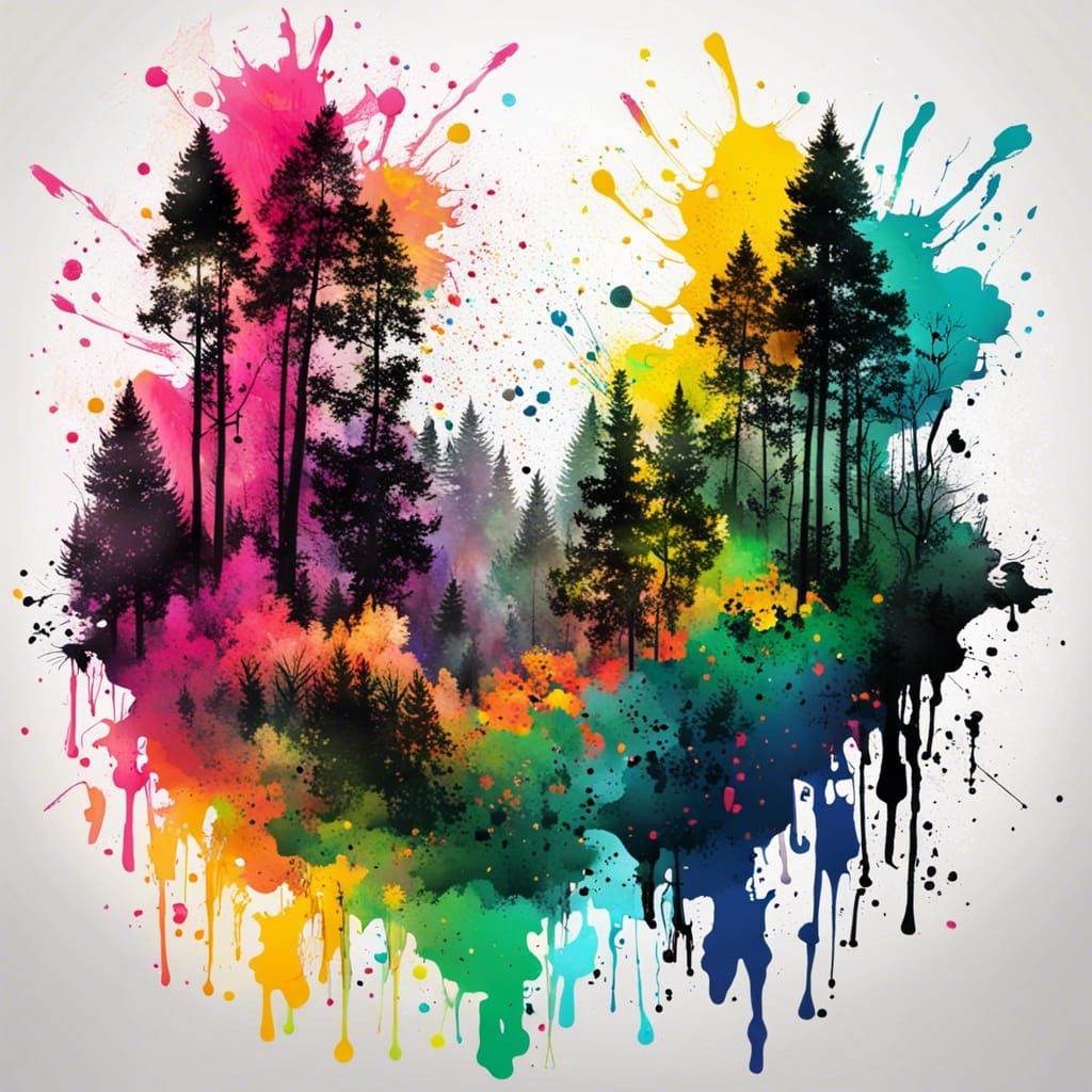 Colorful Ink Splatter Forest Landscape