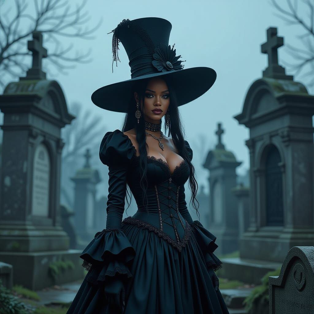 Gothic Rihanna in Cemetery Crypts, Detailed 3D Render
