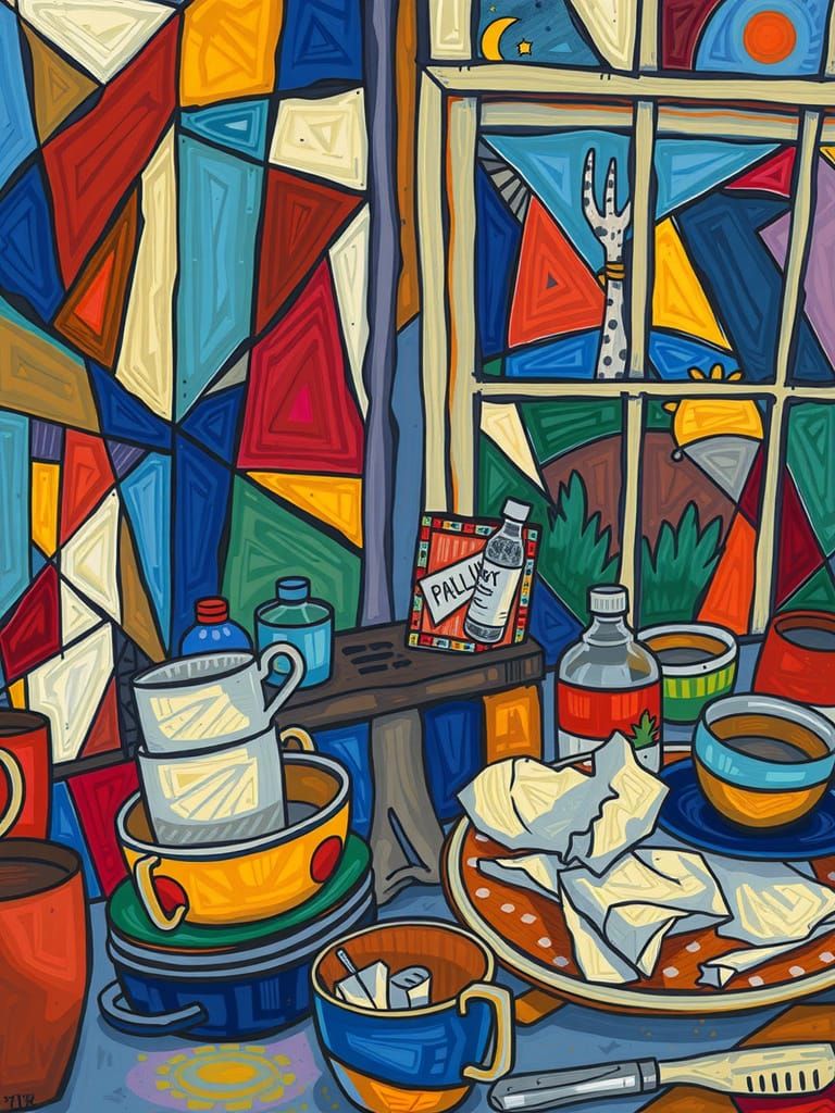 Abstract Tabletop by Sunlit Window in Kandinsky Style